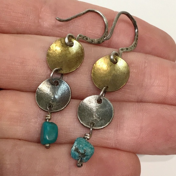 Signed Silpada Sterling Silver Brass Drop Disk Brutalist Turquoise Earrings 925 - Picture 10 of 14